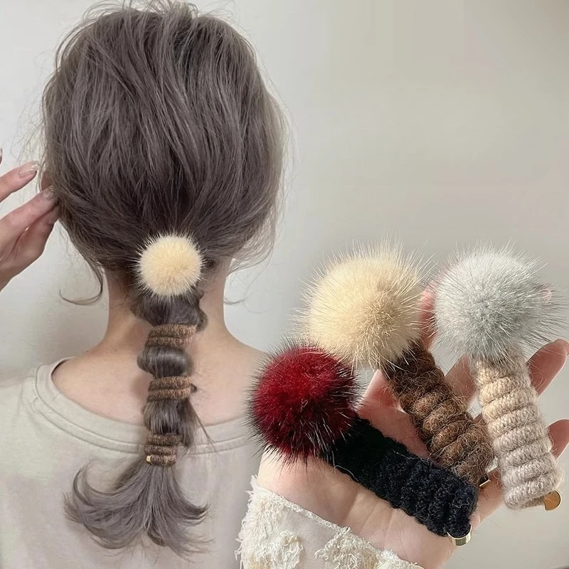 Plush Ball Girls Telephone Wire Line Ponytail Holder Elastic Rubber Bands Hairbands Braided Phone Cord Straight Hair Ties Ropes