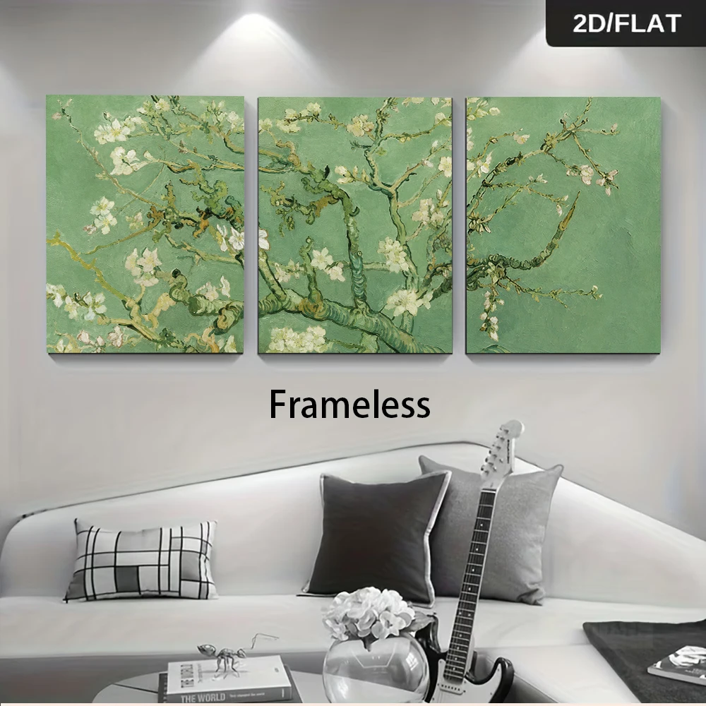 1 set of Van Gogh's masterpiece Apricot Blossom triptych living room bedroom frameless art decoration painting 2D plan