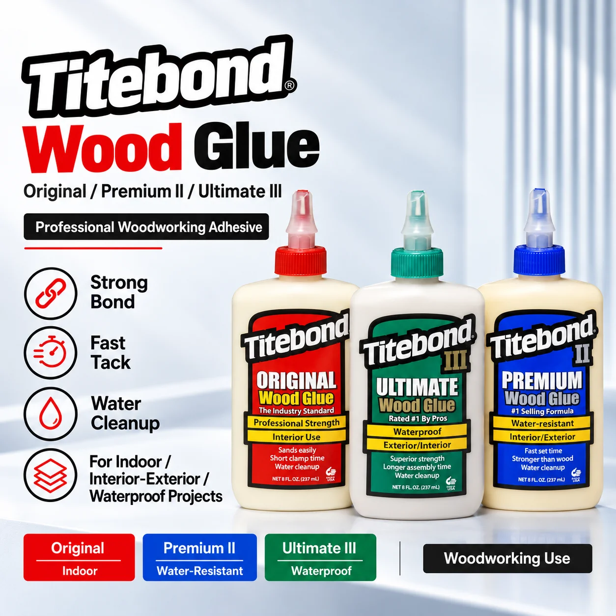 Original Titebond Wood Glue II III Waterproof Woodworking Adhesive Strong Bond for Furniture Repair Carpentry DIY Wood Projects