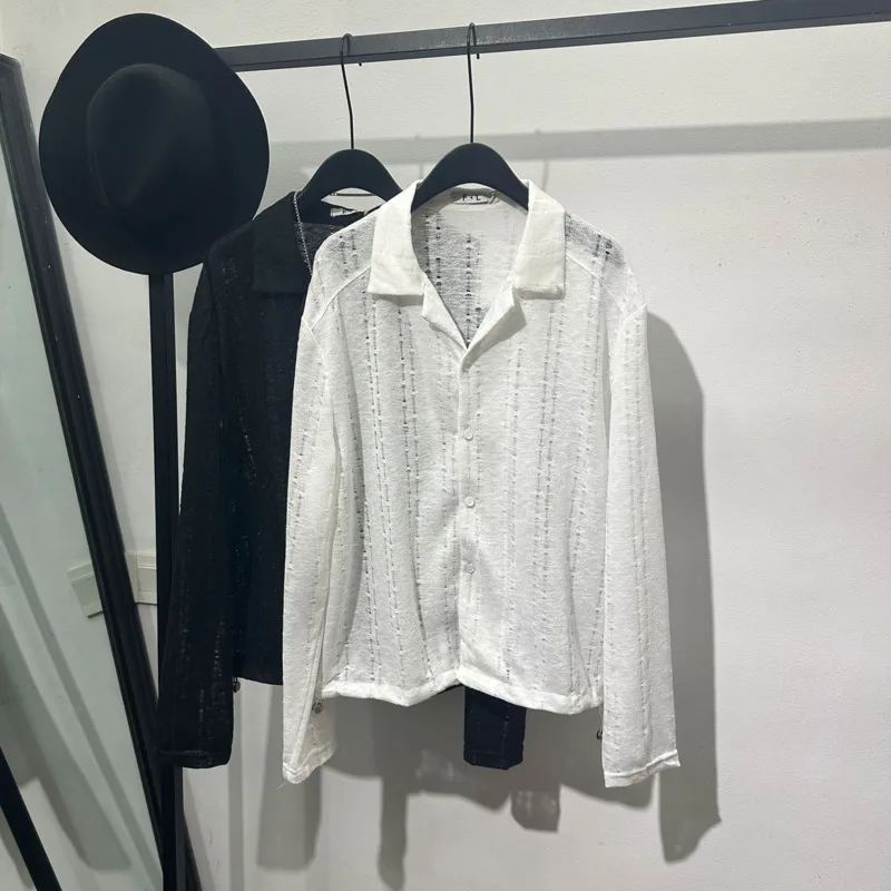 HKSH Spring Autumn New Men Unique Retro Hollow-Out Knitted Sweater Women Turn-Down Collar Old Money Style Vibe Y2K Shirt HK27642