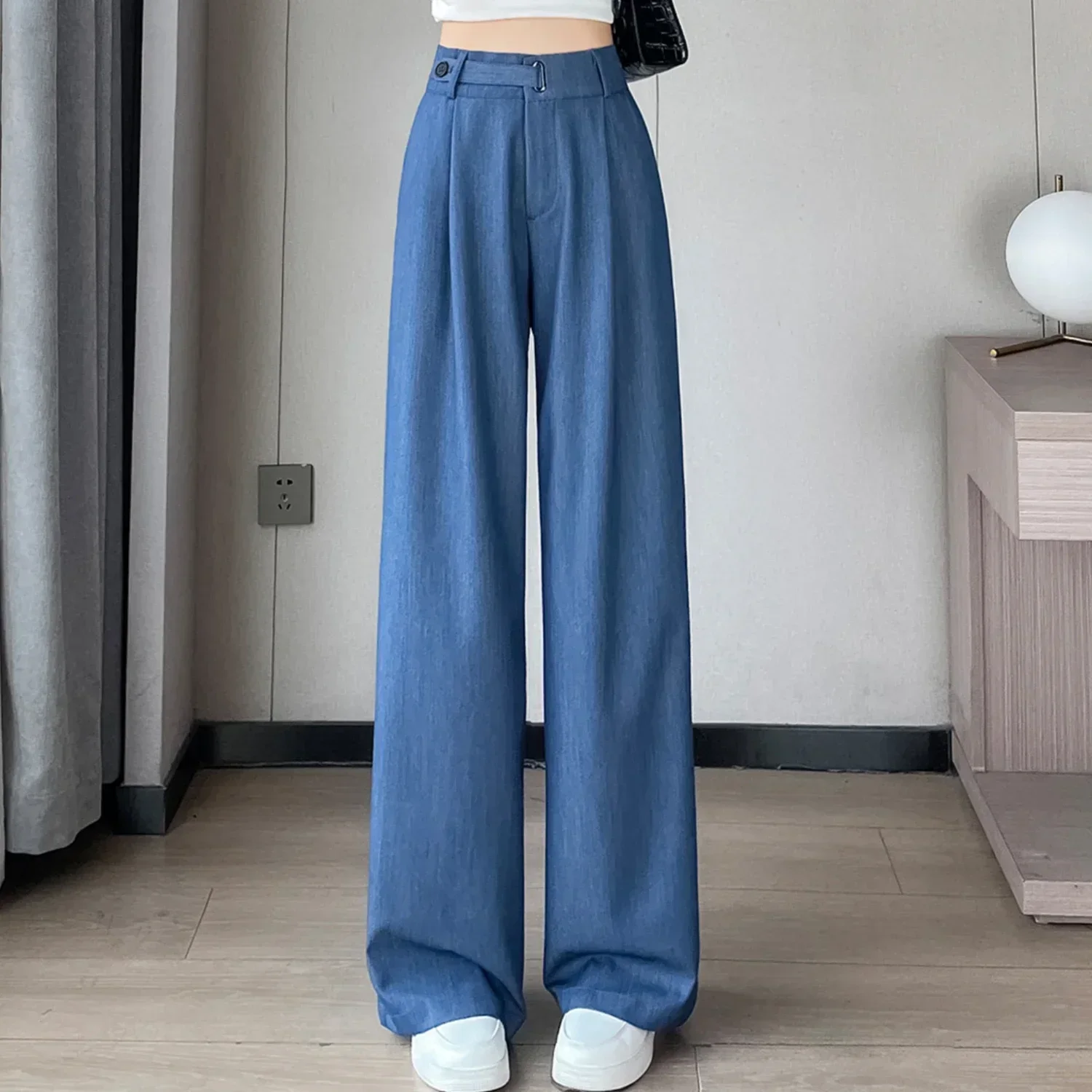 REALEFT Vintage Dünne Denim Lose frauen Breite Bein Hose 2025, Neue Hohe Taille Taste Gerade Casual Volle Länge Hosen weibliche