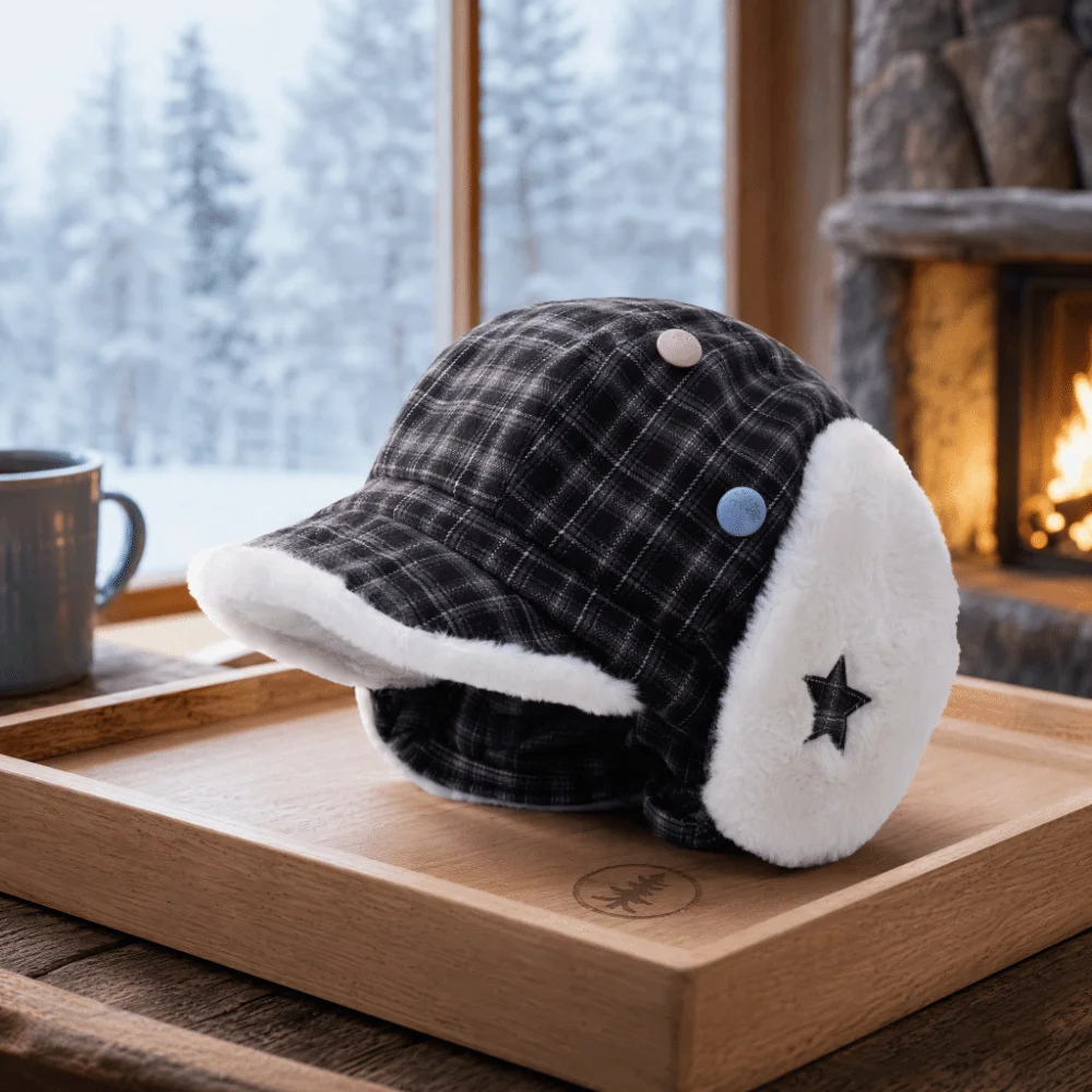 Cute Sweet Plaid Octagonal Hat Earflap Autumn Winter Fleece Lined Hat Warm Windproof Newsboy Cap Outdoor