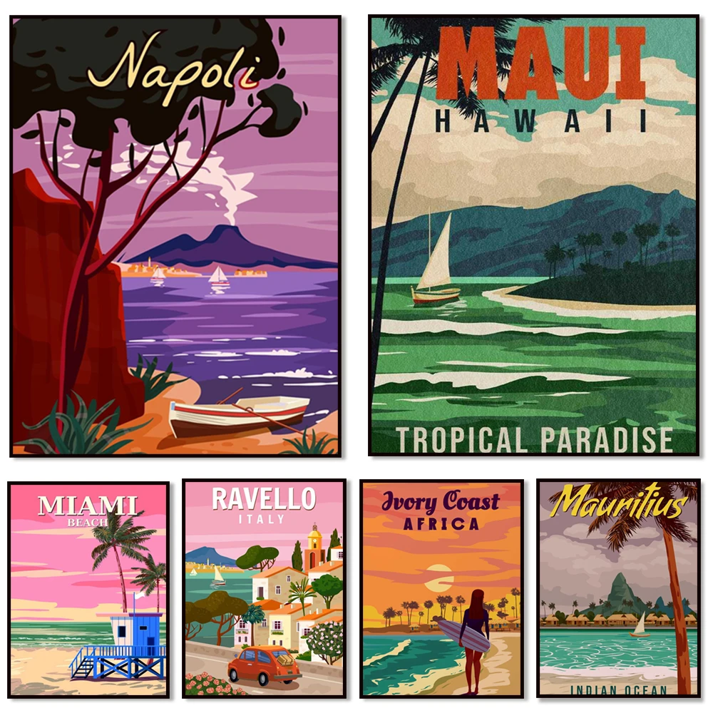 St Lucia, Cote d'Ivoire, African surfer girl, Split Rock Lighthouse, Maui, Cornwall, Naples, California beach art, travel poster