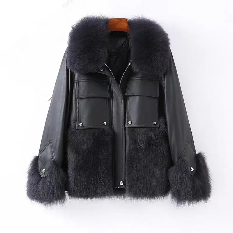 معطف فرو متفجر المرأة الجديدة بولي Leather الجلود الربط تقليد فرو الثعلب موضة النسخة الكورية معطف سميك مستوى المظهر العالي