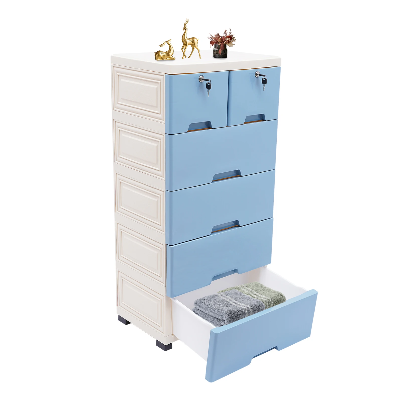خزانة بلاستيكية زرقاء مكونة من 6 أدراج مع خزانة تخزين بعجلات وحدة تنظيم خزانة برجية للمنزل والمكتب وغرفة النوم وغرفة المعيشة
