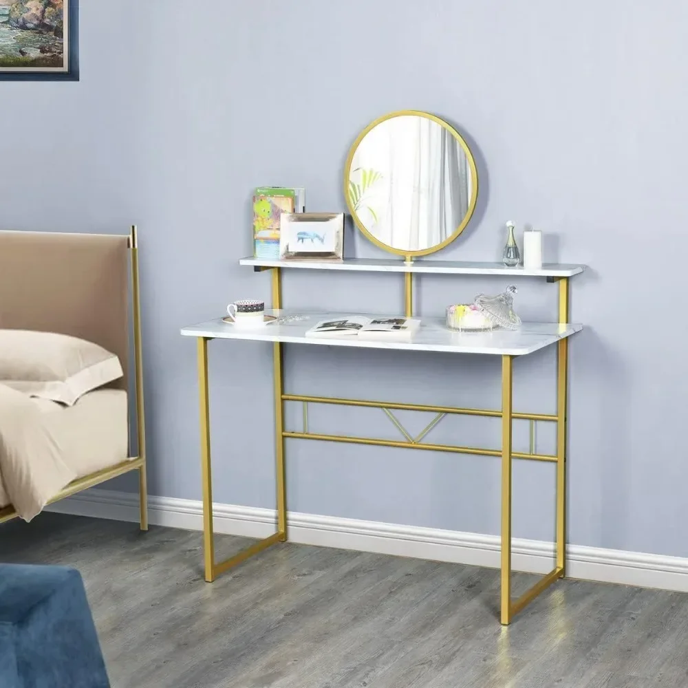 

Dresser with mirror 2-tier dresser, modern minimalist make-up Bedroom multi-functional, 37 inches, white/gold