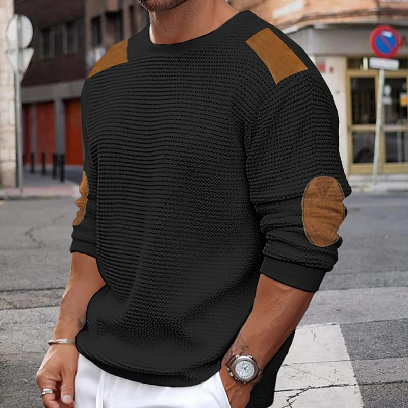 Men Patchwork Suede Knit Sweater Slim Fit Long Sleeve O-neck  Knitwear Spring Autumn Fashion Knitted Pullover Tops Streetwear