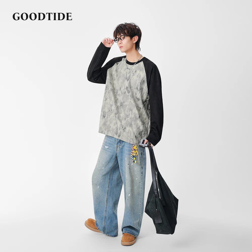 Fashion Men's Casual Crew Neck Sweatshirt 2025 Winter Distressed Pattern Contrast Raglan Sleeves Design Comfortable Daily Top