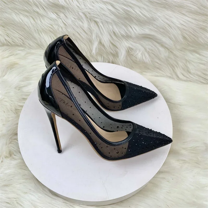 

Patchwork Black Satin Gauze Pointy Toe High Heel Party Shoes 8cm 10cm 12cm Elegant Stiletto Pumps