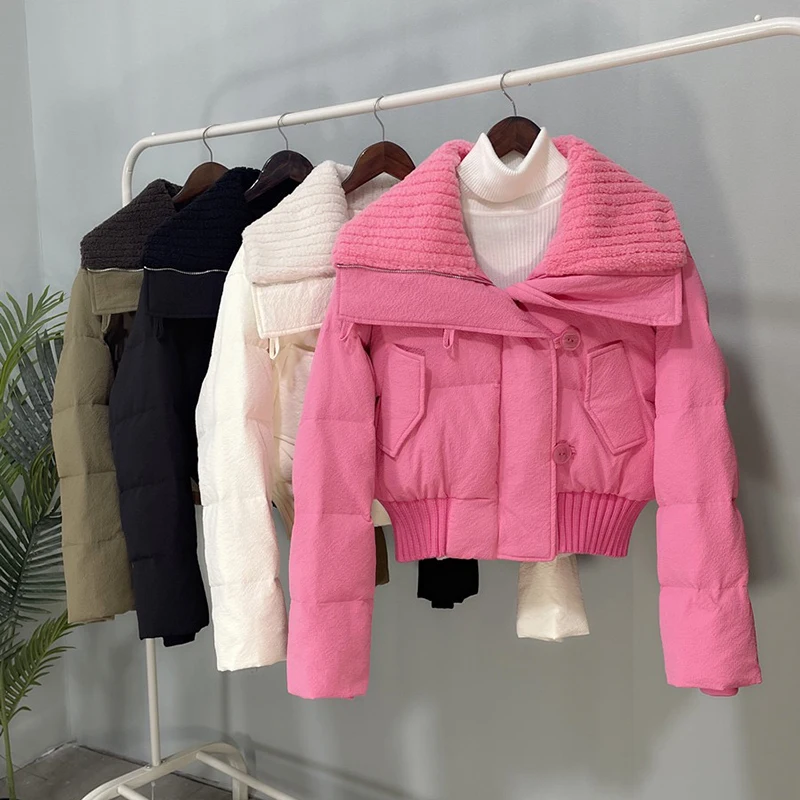 Winter Thicken Parkas Slim Short Jackets Women Korean Warm Plush Lapel Coats Casual Down Cotton Oversized Pink Crop Chaquetas