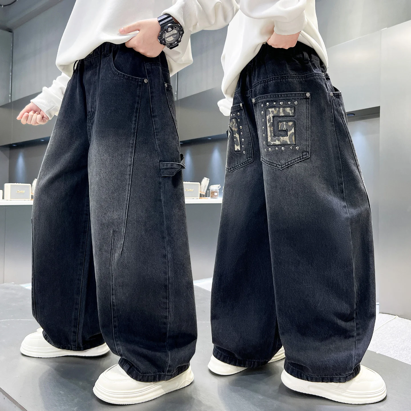 Kids Boys Jeans 2026 Autumn Junior Boys Letter Pockets Denim Pants Simple 4-16Yrs Teens Boys Straight Pant Boys Trousers