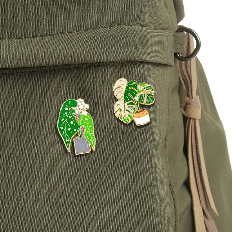 cartoon potted flower alloy enamel brooch metal badge green plant lapel pin