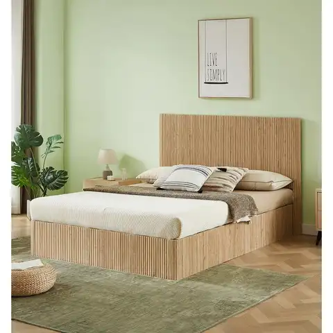 Queen Size Lift-Up Storage Bed Frame, Wooden Curved Design, Hydraulic Storage, No Box Spring Needed, Oak Finish