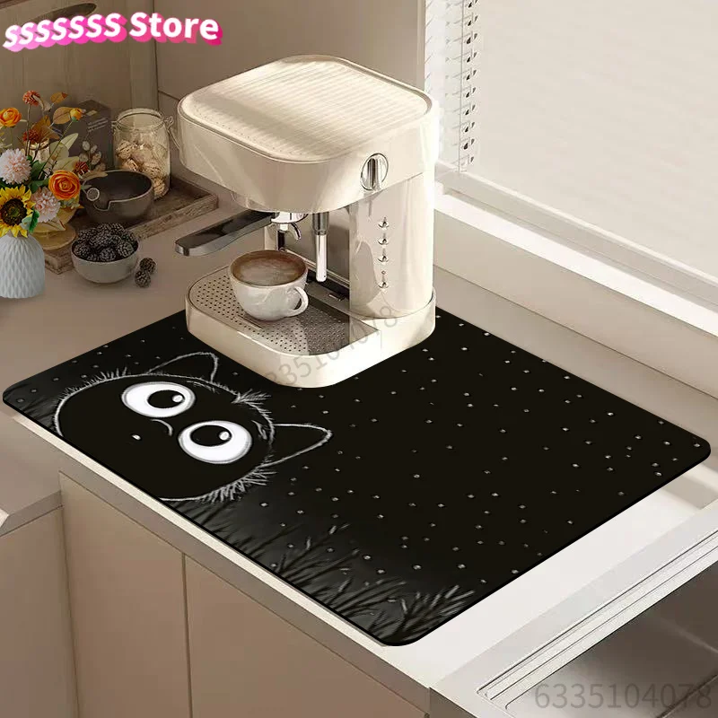 Dish Drying Mat, Cute Kitten Pattern Drying Mat, Simple High-End Printed Draining Mat, Coffee Machine Mat, Kitchen Tableware Dry