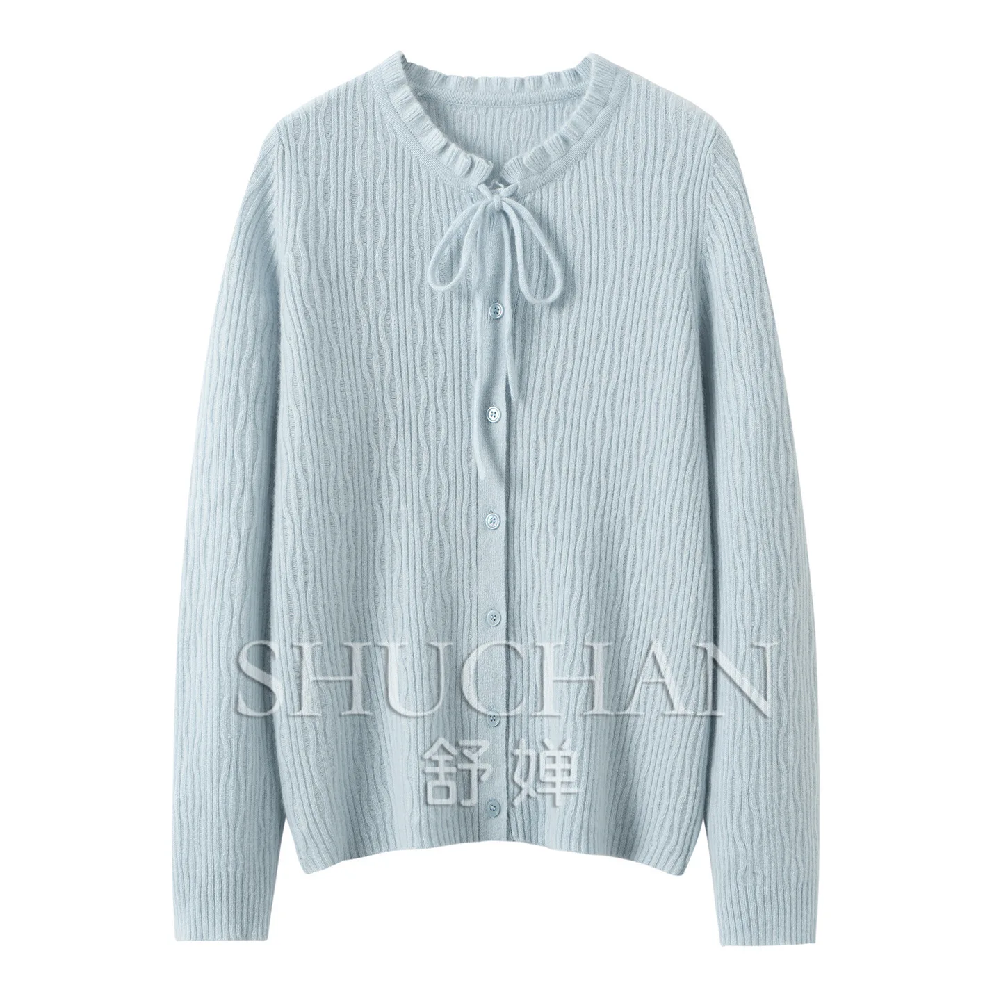 Gentle wind fungus edge lace-up pit strip 35% cashmere 65% wool 280g long-sleeved knitted sweater women's autumn thin cardigan