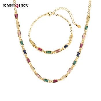 Luxury 3*6mm Ruby Emerald Gemstones Gold Color Necklace Bracelet for Women Cocktail Party Fine Jewelry Set Vintage Accessories