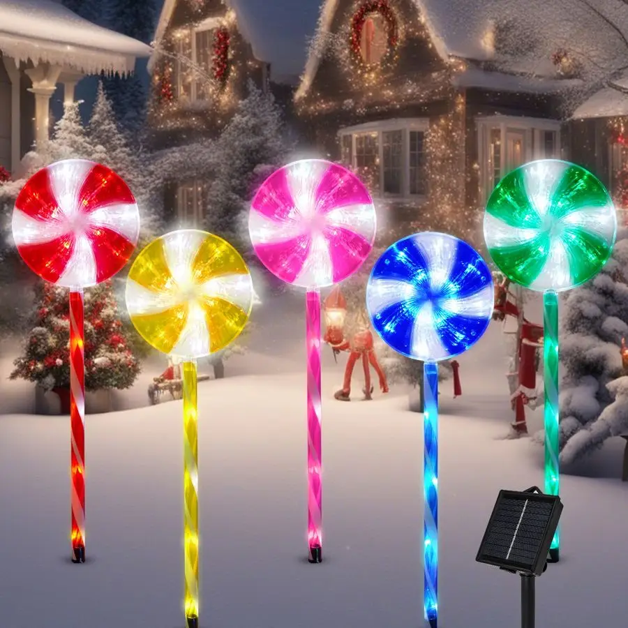 

Christmas Decorations Solar Pathway Lights, Set of 5 Lollipops Peppermint Stake Lights, 8 Modes Candy Cane Walkside Lights, Outd