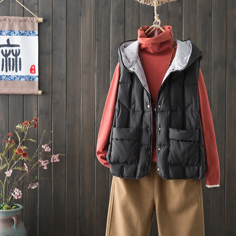 여성용 90% 화이트 덕 다운 울트라 라이트 슬리브리스 다운 베스트 2025 신상 가을/겨울 패션 후드 기본 여성용 따뜻한 조끼 코트