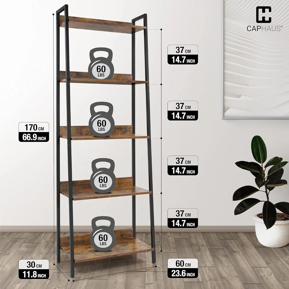 5 Tier Ladder Bookshelf, 24 Inch Width Free Standing Shelf, Bookcase Shelf Storage Rack Organizer, Industrial Book Shelves for