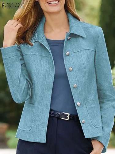 ZANZEA-abrigos vaqueros para mujer, chaquetas con cuello de solapa a la moda, prendas de vestir de manga larga, Tops holgados informales con cintura y bolsillo Vintage 2024