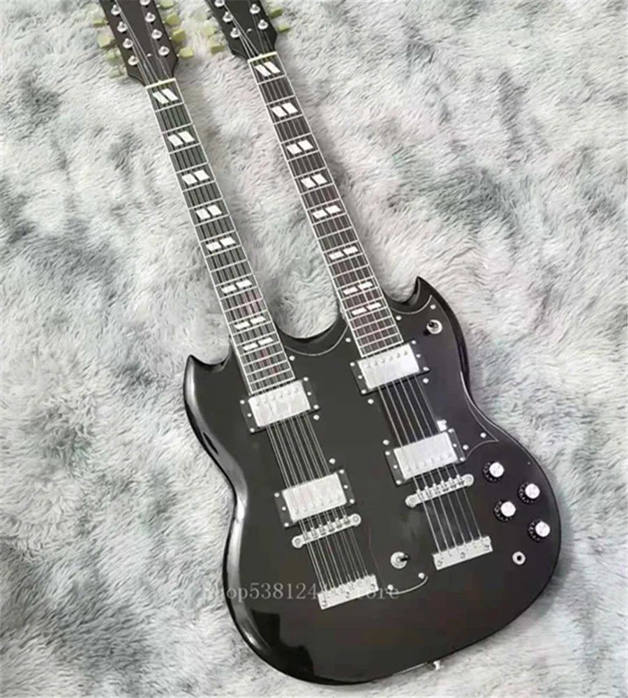 Double Neck Electric Guitar 6 + 12 Strings, Black, Free Shipping, Customizable