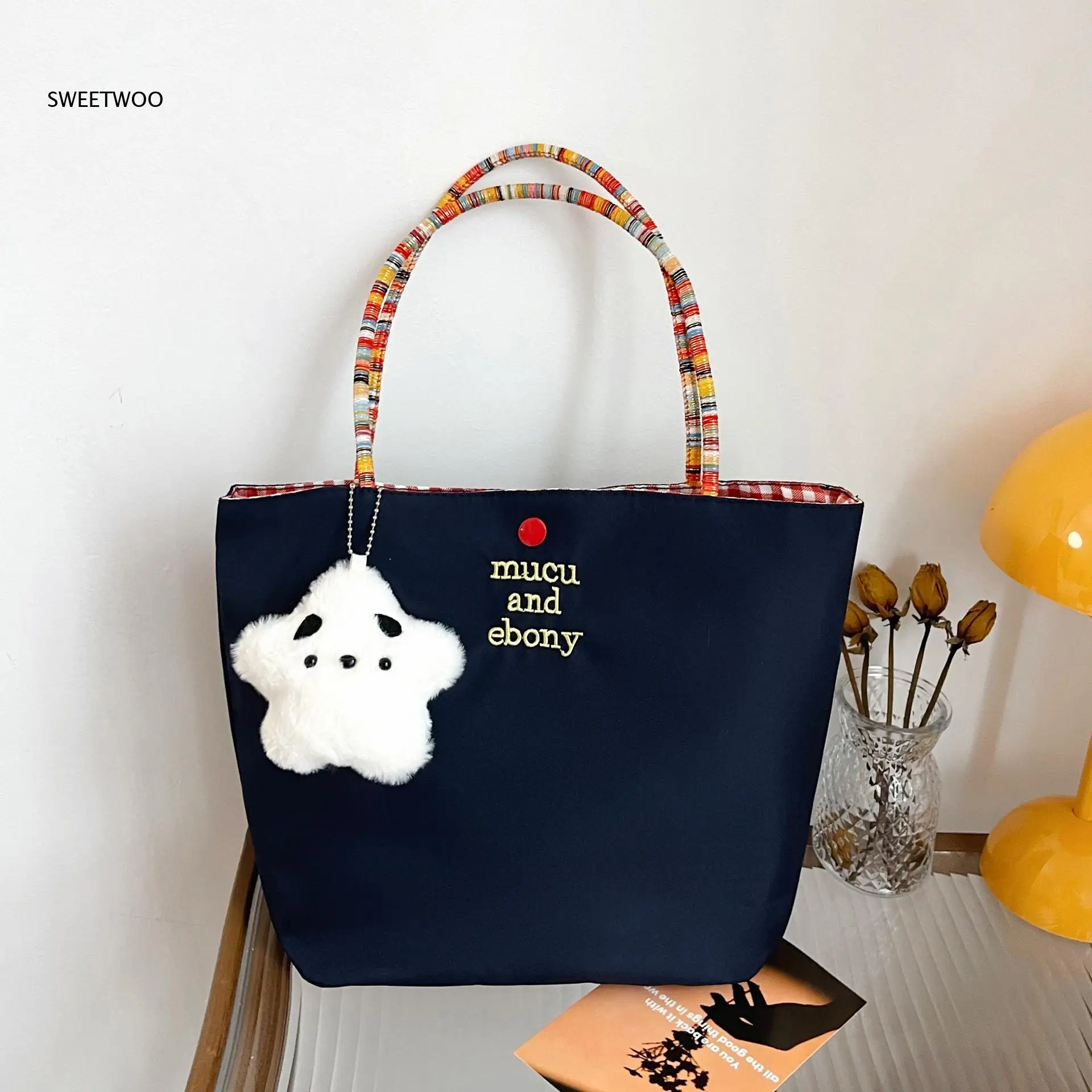 Cute Letter Embroidery Canvas Tote Bag Colorful Woven Handle Fluffy Star Puppy Pendant Large Capacity Daily Shoulder Bag