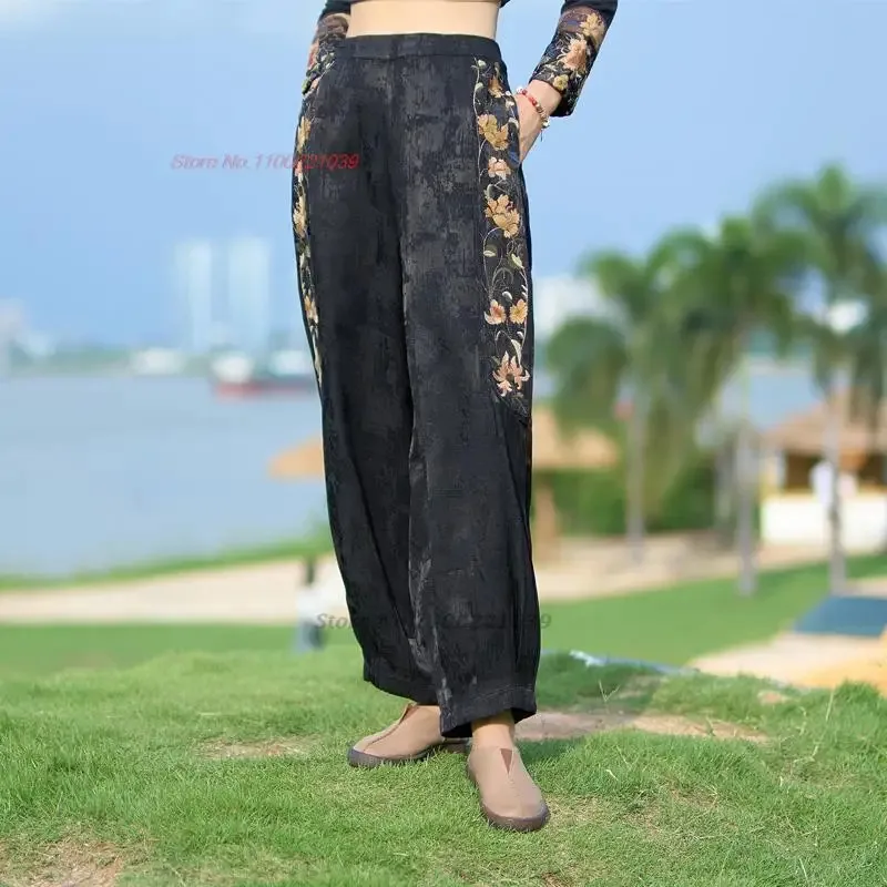 

2025 chinese vintage satin jacquard trousers national flower embroidery harajuku ethnic pants casual elastic waist harem pants