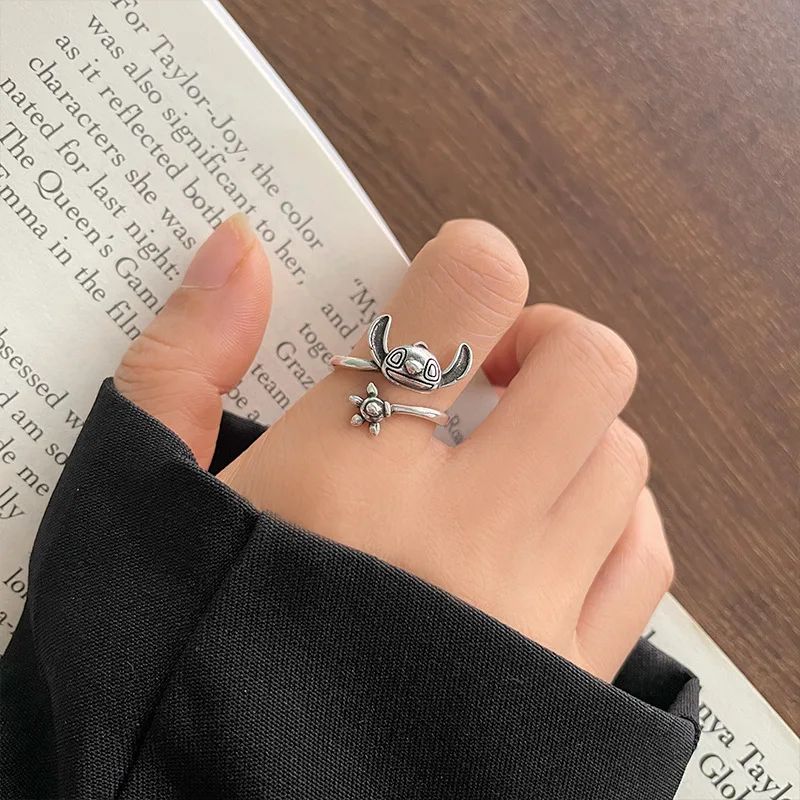 Disney Stitch 925 Sterling Silver Cute Ring Female Cartoon Niche Versatile Cute Index Finger Ring Non Fading Thai Silver Jewelry