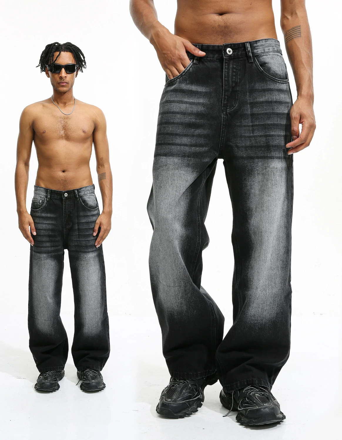 

Retro washed jeans for men, trendy American loose trousers, structured design, casual wide-leg trousers