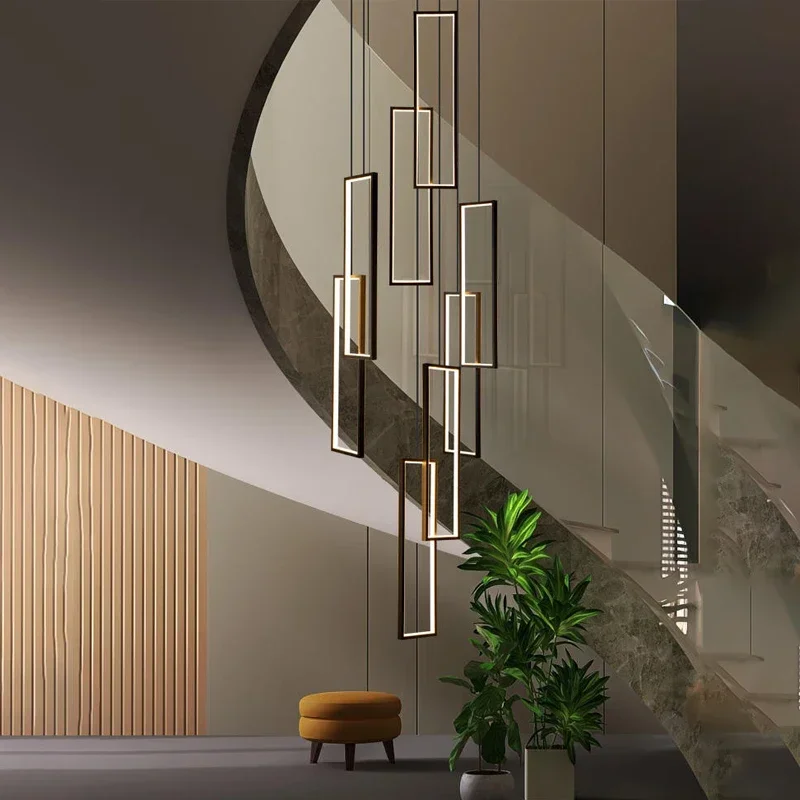 Minimalist Staircase Chandeliers Modern Lighting Fixtures in Loft Apartments Square LED Pendant Lamp Hallway Hanging Chandelier