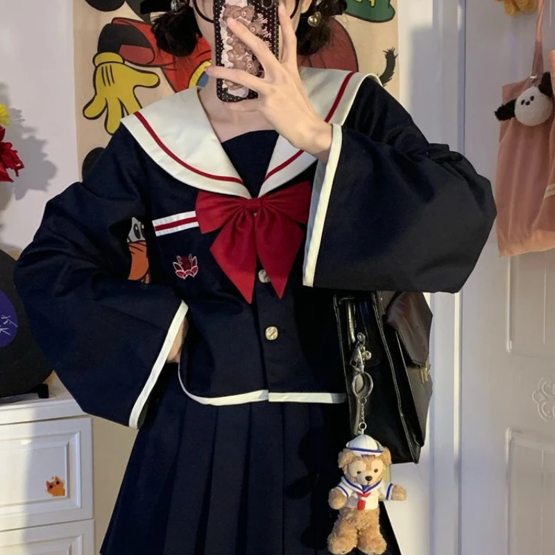 Jk เครื่องแบบชุดกะลาสีสีน้ําเงินเข้มชุดญี่ปุ่นกลางโรงเรียนสไตล์ชุดนักเรียน COS เครื่องแต่งกายสําหรับผู้หญิงแขนยาวอะนิเมะ