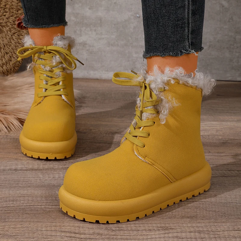 Fashion Lambswool Suede Ankle Boots Women Warm Thicken Plush Platform Short Booties Mujer 2026 Non Slip Thick Sole Lace Up Shoes