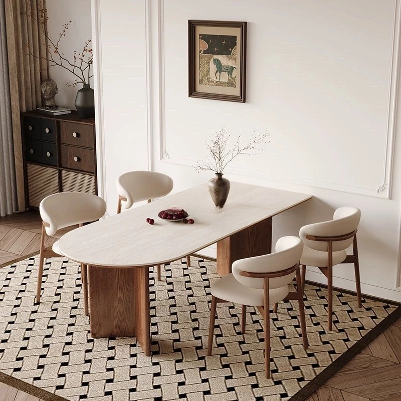 Rock slab travertine, French dining table, household rectangular dining table
