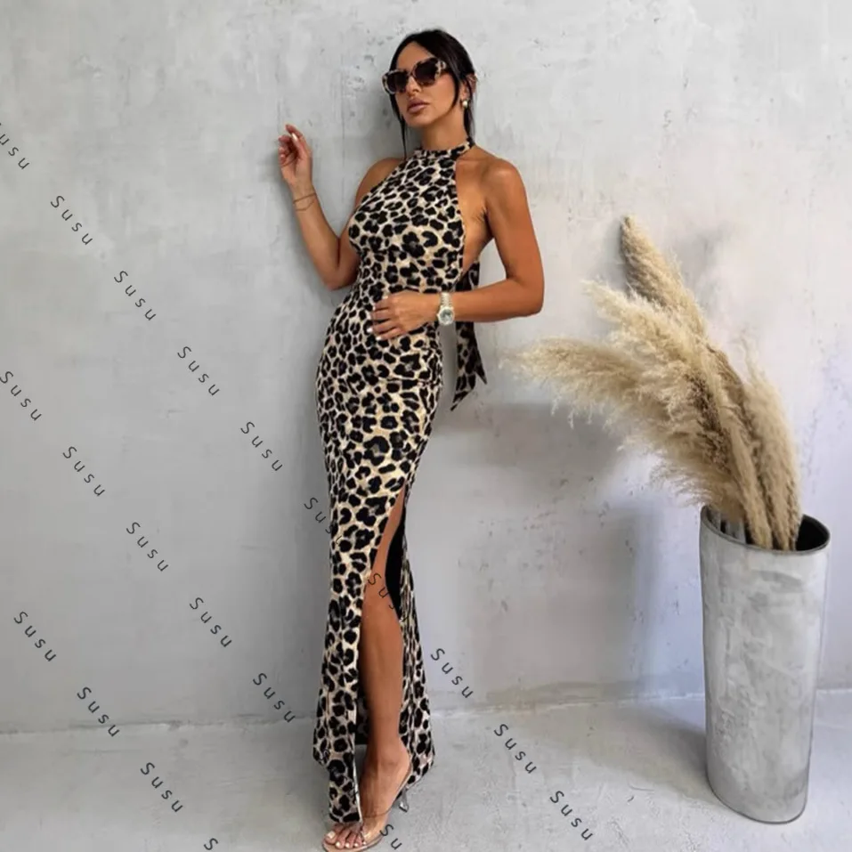 2025 new European and American women's clothing summer new fashion temperament printed neck strap split halter dress