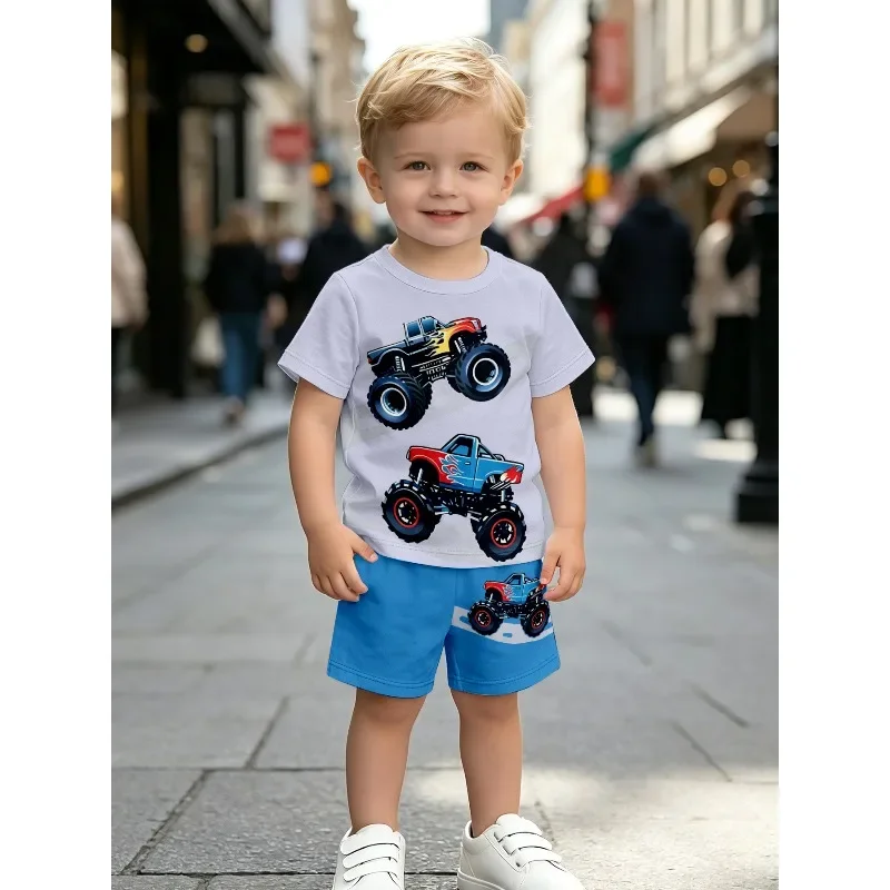Toddler Boys Summer 2Pcs Tracksuit Cartoon Car Number Print Short Sleeve T-shirt Shorts Kids Casual Daily Outfit