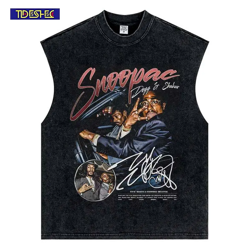 Hip Hop Streetwear Vintage Punk Letter Portrait Print Vest Summer Harajuku Cotton Tops Neutral Washed Sleeveless Loose Tank Top