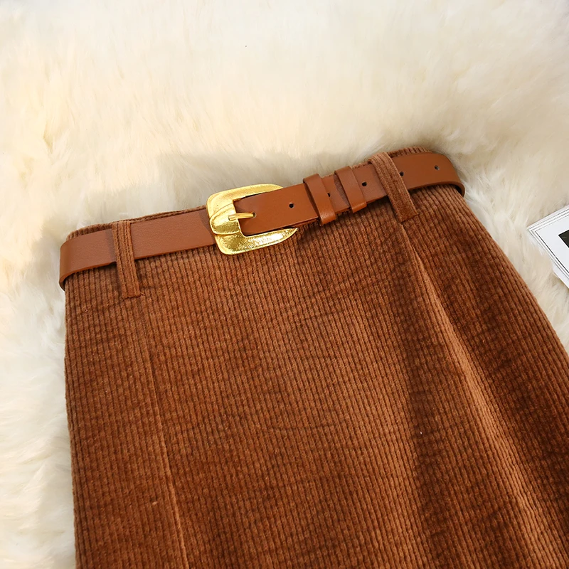   Spódnice damskie z wysokim stanem, sztruksowe, kopertowe, z paskiem, nowość na jesień i zimę 2025, vintage, o kroju tuby, proste, w kształcie litery A.