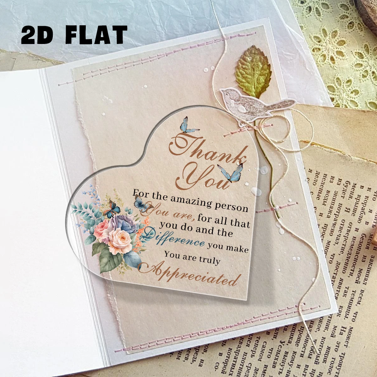 1 قطعة الاكريليك القلب شكرا لك تسجيل البلاك ديكور مع تصميم فراشة الأزهار ، هدية للمكتب/المنزل التقدير زخرفة زخرفة مكتب ديكور