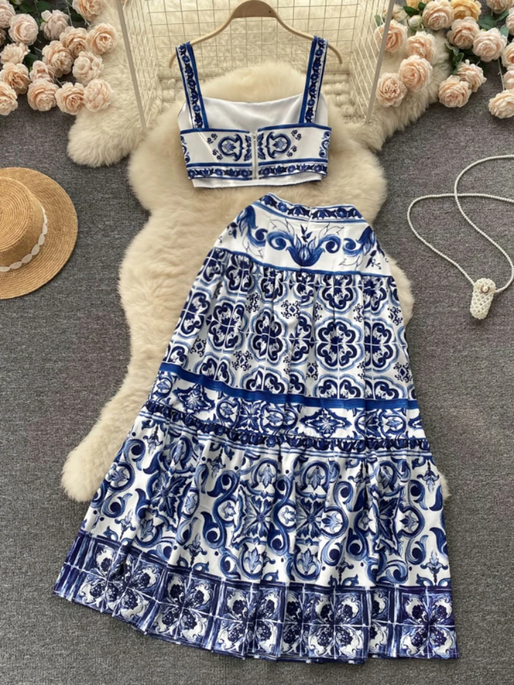 Women Vintage Printed Two Piece Sets Summer Sleeveless Crop Tops and Slim A-line Long Skirts Blue Elegant Floral Suits