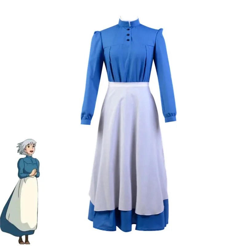 アニメ映画ハウルの動く城 ソフィー コスプレ衣装 青と黄色の緑のメイド服 エプロン ウィッグ 女性 可愛い ハロウィン カーニバル スーツ