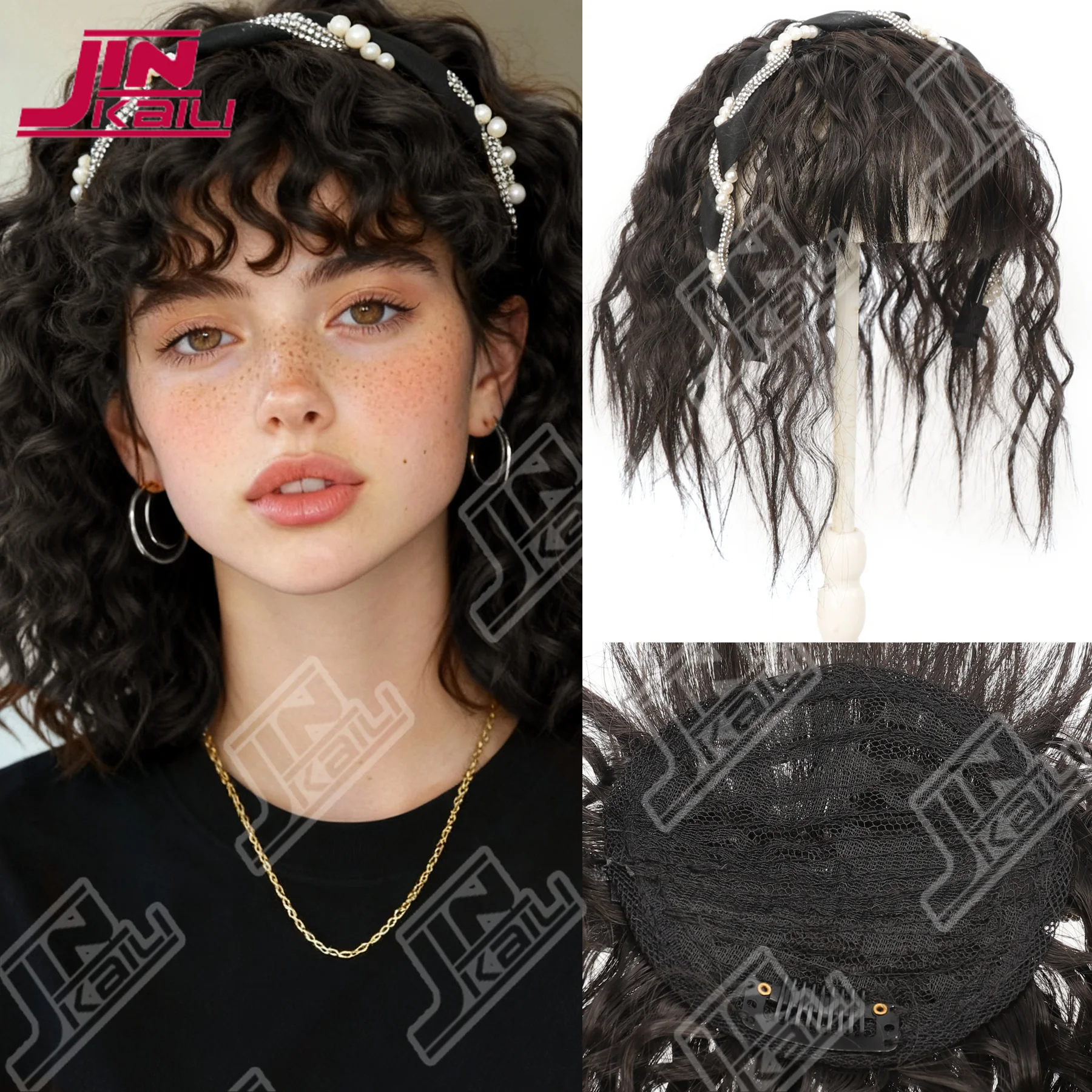 JKL هيرباند شعر مستعار الانفجارات شعر مستعار أنثى واحدة شعر مجعد طبيعي مغطى الشعر الأبيض على الجزء العلوي من الرأس قطعة شعر مستعار رقيقة الانفجارات #1