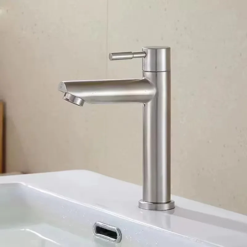 Stainless Steel Single Cold Water Tap Black Basin Fauct Silver Deck Mounted Lengthening and Raising Basin Sink Tap