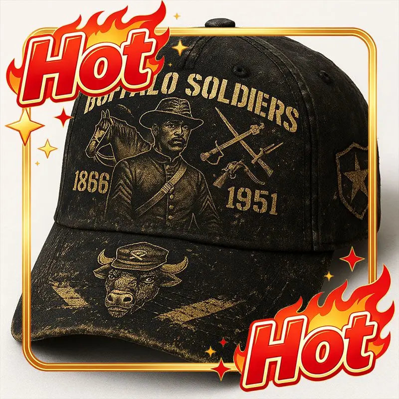 Custom Hat A Vintage Black Distressed Baseball Cap Featuring Graphics Of Buffalo Soldiers, Including A Golden And Brown Soldier
