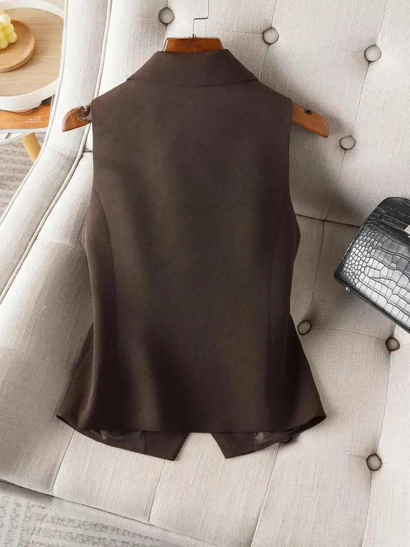 เสื้อกั๊กสูทผู้หญิงสไตล์วินเทจ สีน้ำตาล แบบสั่งตัด ไม่มีแขน ปกเสื้อแบบลาペル ดีไซน์กระดุมเข้ารูป เหมาะสำหรับใส่ทำงานประจำวัน สวมใส่สบาย ดีไซน์พับได้ทุกแบบ