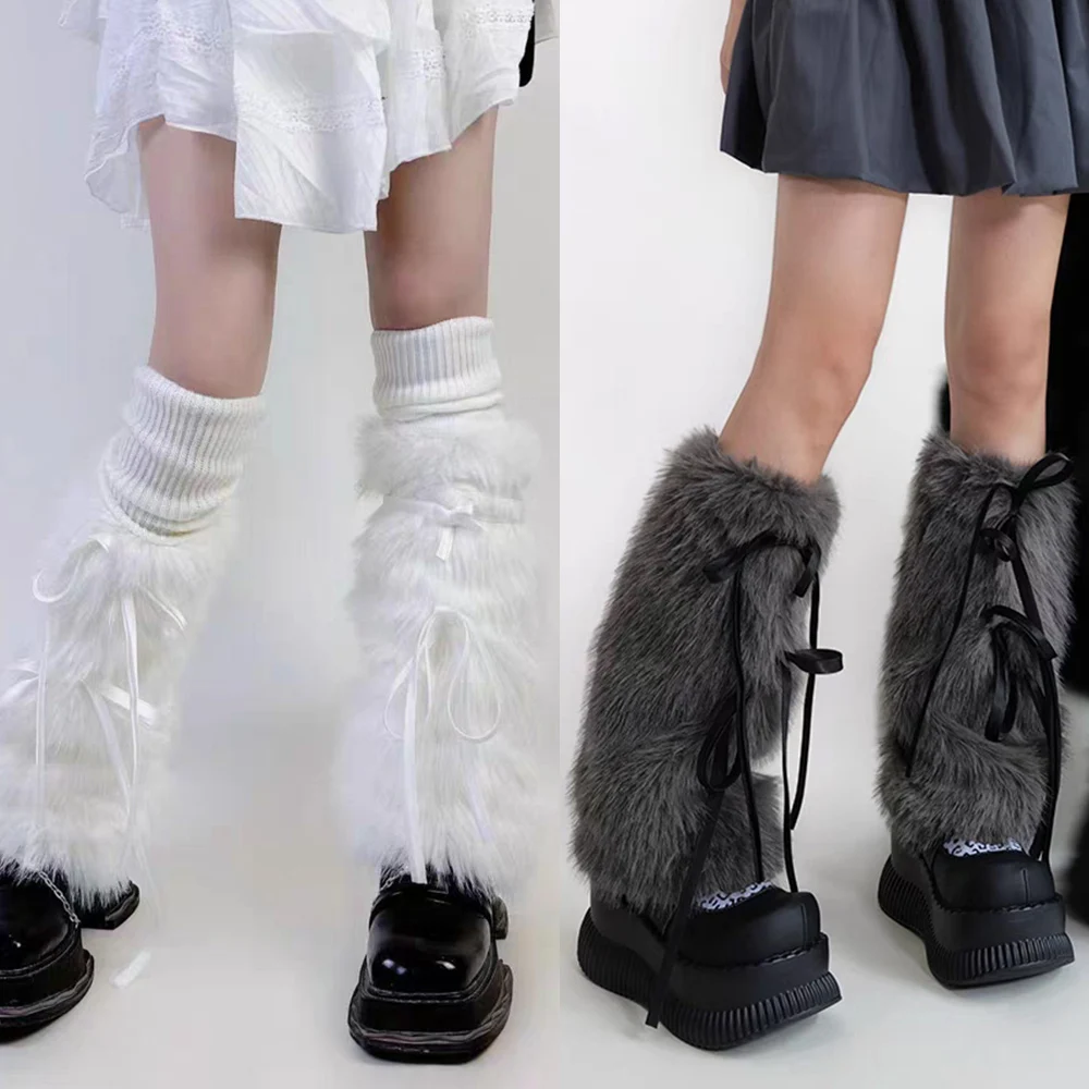 Japanese White Faux Fur Leg Warmers Boot Covers Y2K Goth Solid Leg Socks Punk Jk Hiphop Hotgirl Knee-length Fashion Warm Sock