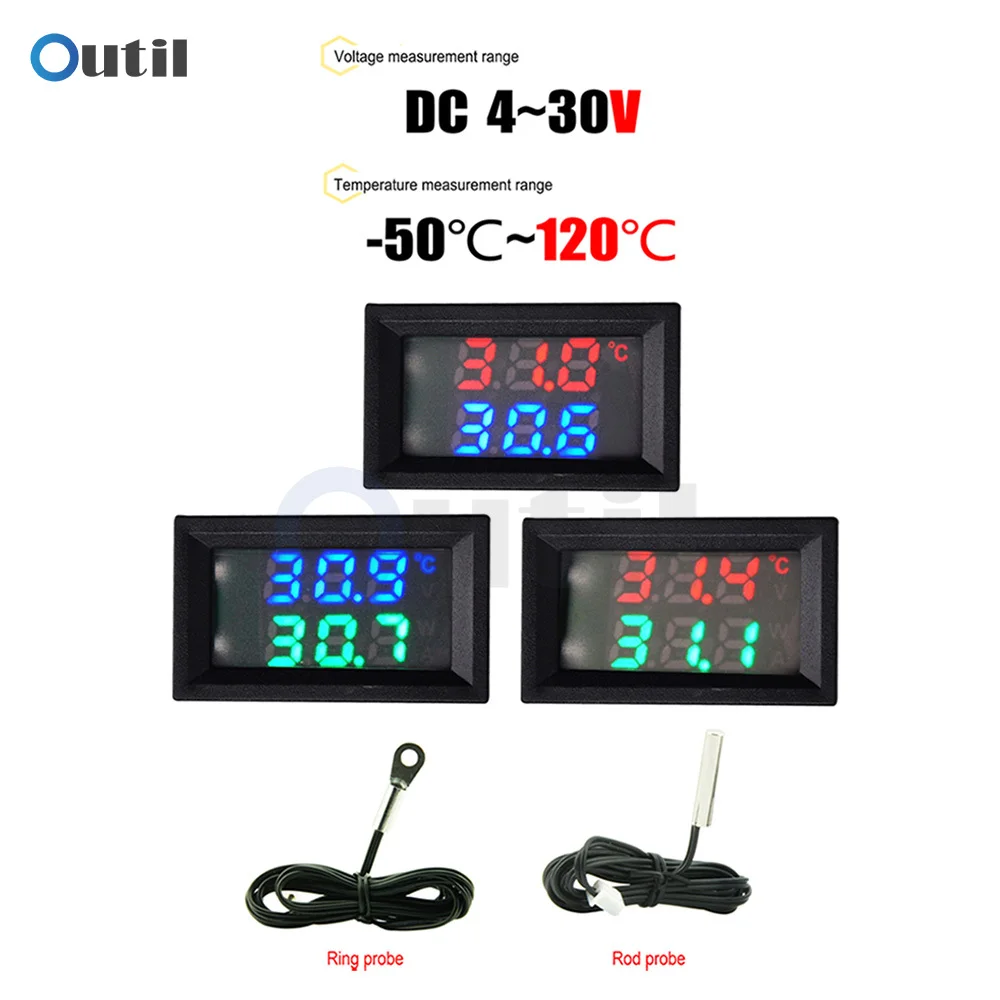 

DC 4V-30V 2 in 1 Mini LED Dual Display Voltage Thermometer Sensor NTC 3950 Metal Probe Temperature Voltage Dual Measuring Tester