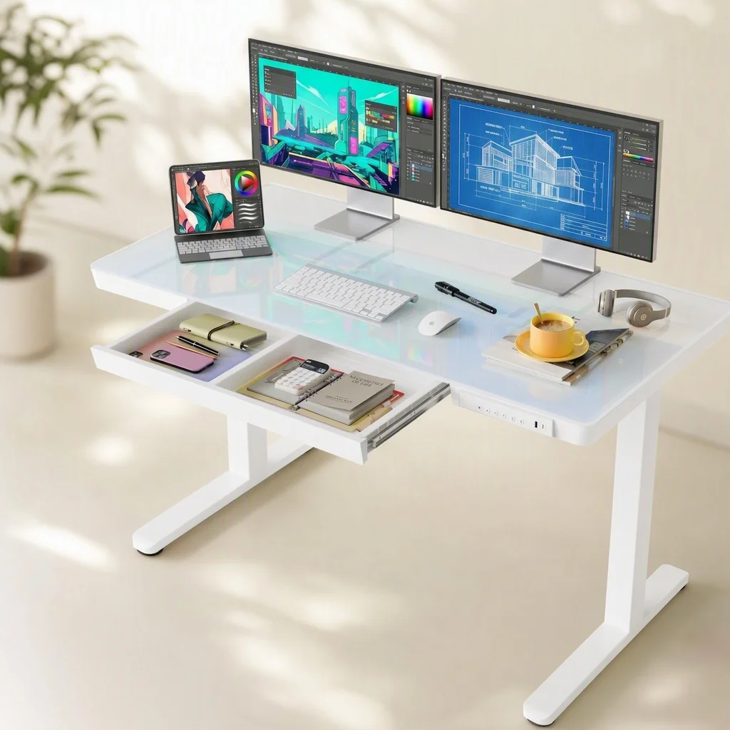 Glass Standing Desk with Drawers, 48 X 24 Inch Electric Adjustable Height Desk, Quick Install One-Piece Tabletop with USB Charging Ports