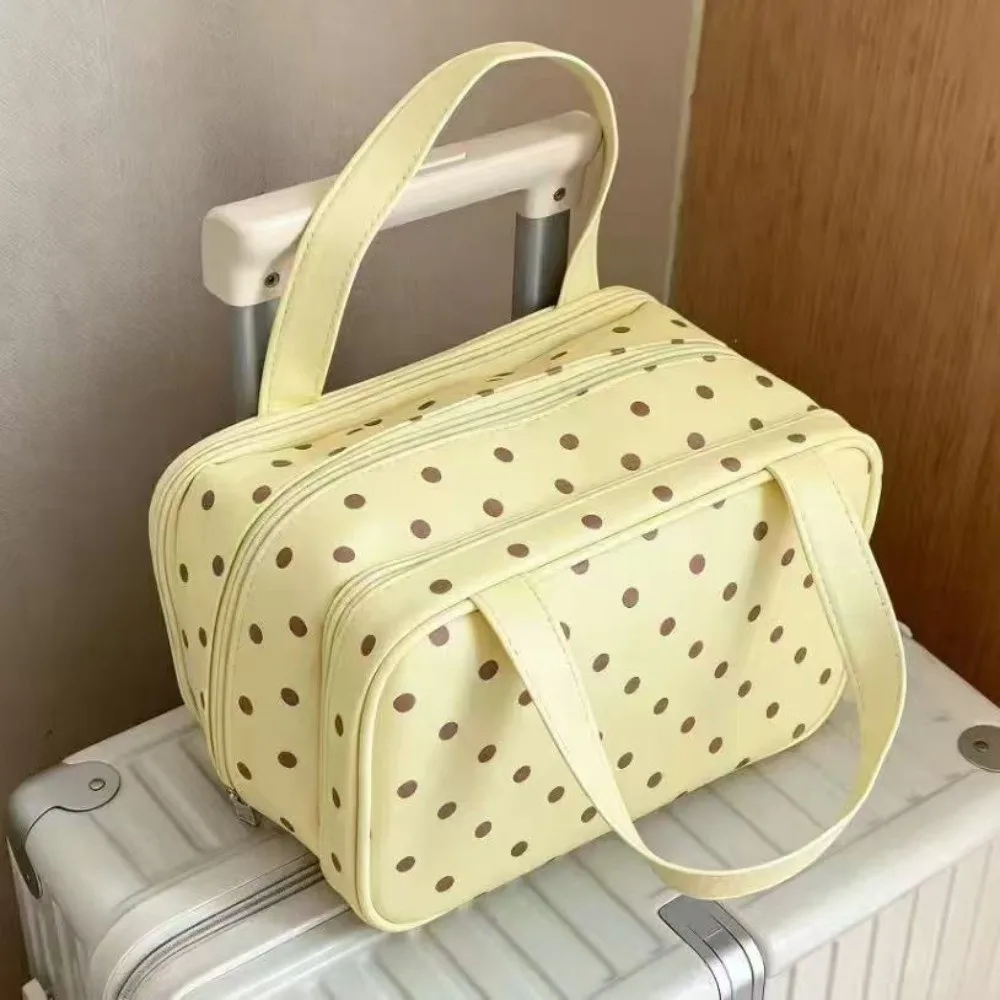 Multifunktionale Polka-Dot-Kosmetiktasche mit großem Fassungsvermögen und Griff, dreilagige PU-Reise-Toilettentasche – Detail 6