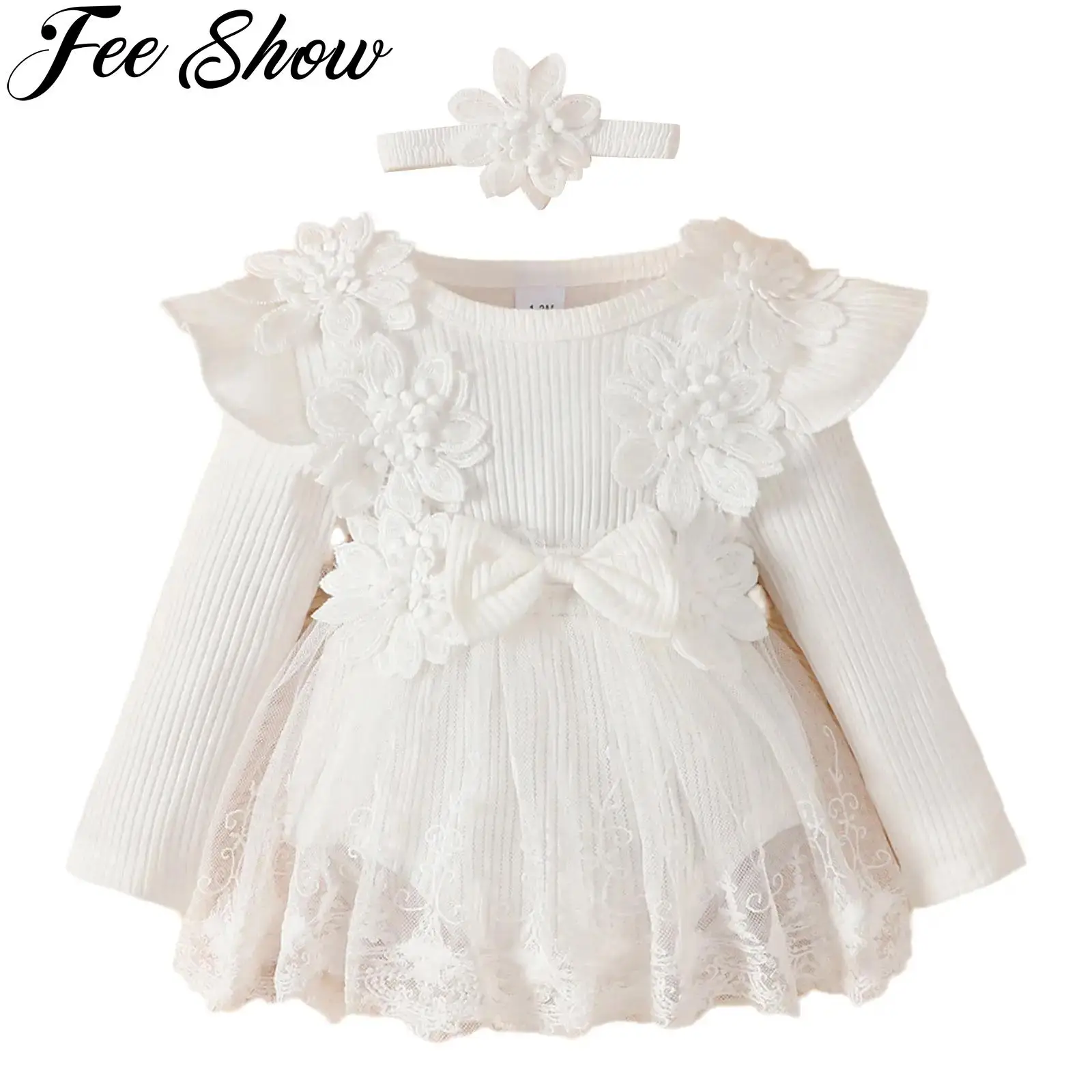 

Infant Baby Girls Fall Winter Clothes Flower Embroidery Tulle Rib Knitted Rompers Dress with Headband Party Festival Outfits