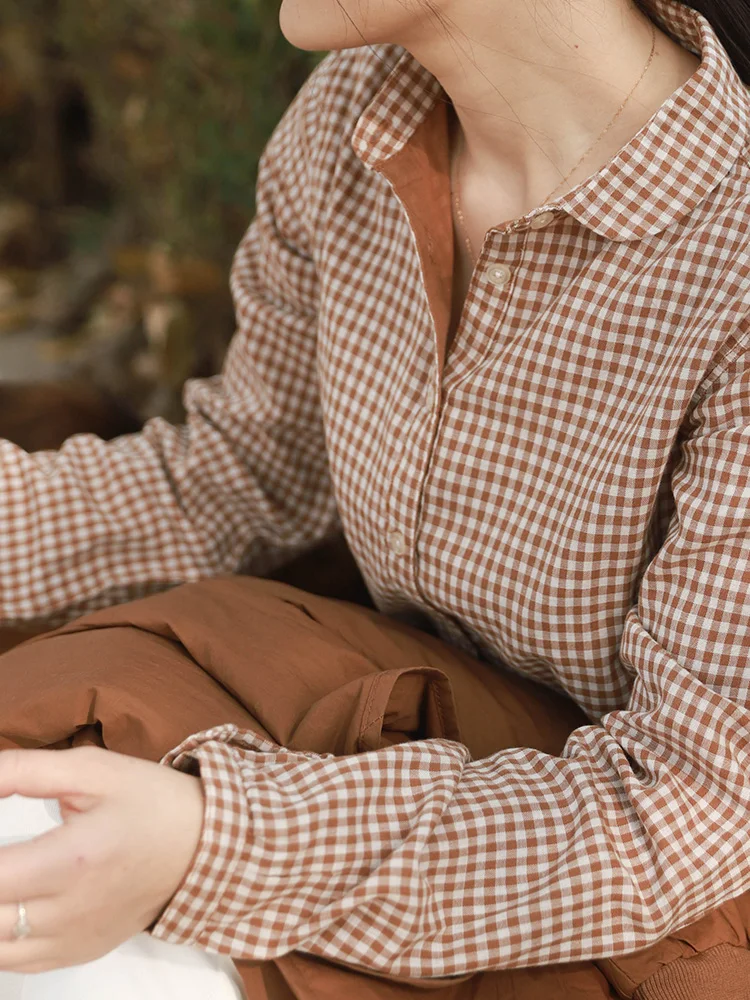 

Женская клетчатая клетка из чистого хлопка, весна-лето, длинный винтажный мягкий воротник, универсальный, прямой крой, дышащий, удобный